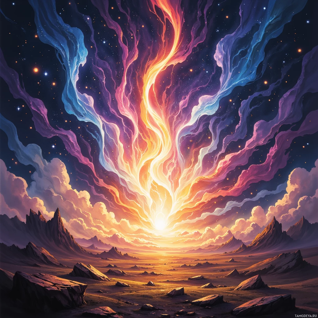A vibrant, cosmic landscape featuring a radiant sunburst and ethereal clouds over rugged, rocky terrain.
