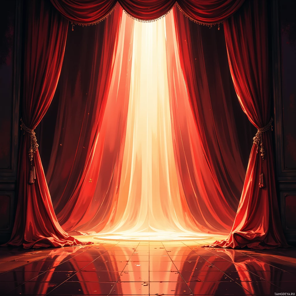 A grand stage with red curtains and a bright light shining through.