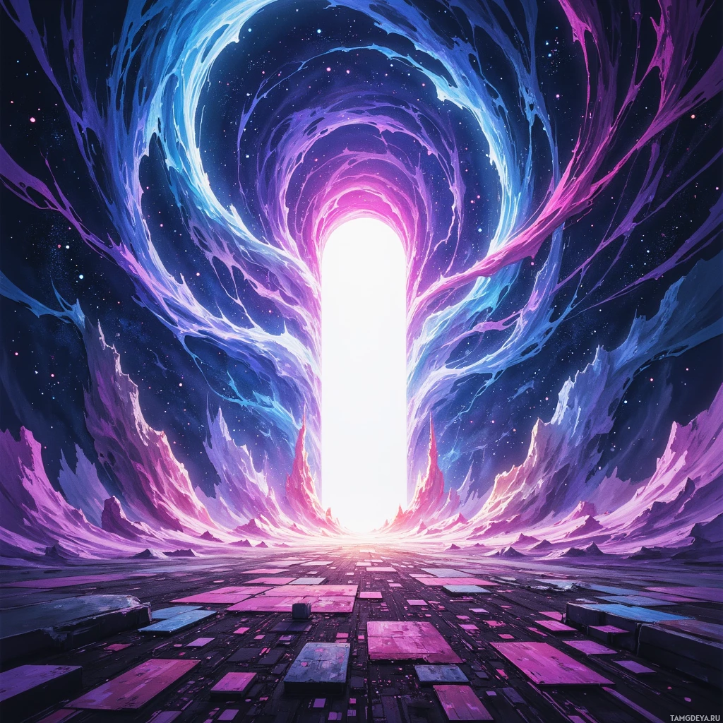 A vibrant, cosmic tunnel with swirling purple and blue hues leading to a bright light at the end.