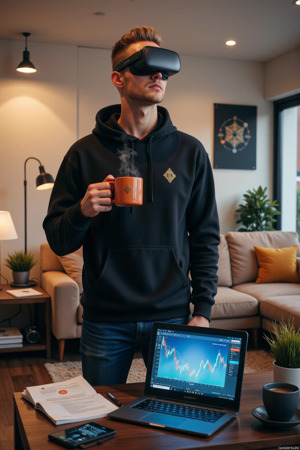 A person wearing a hoodie and VR headset holds a coffee mug while standing in a modern living room with a laptop displaying a graph.