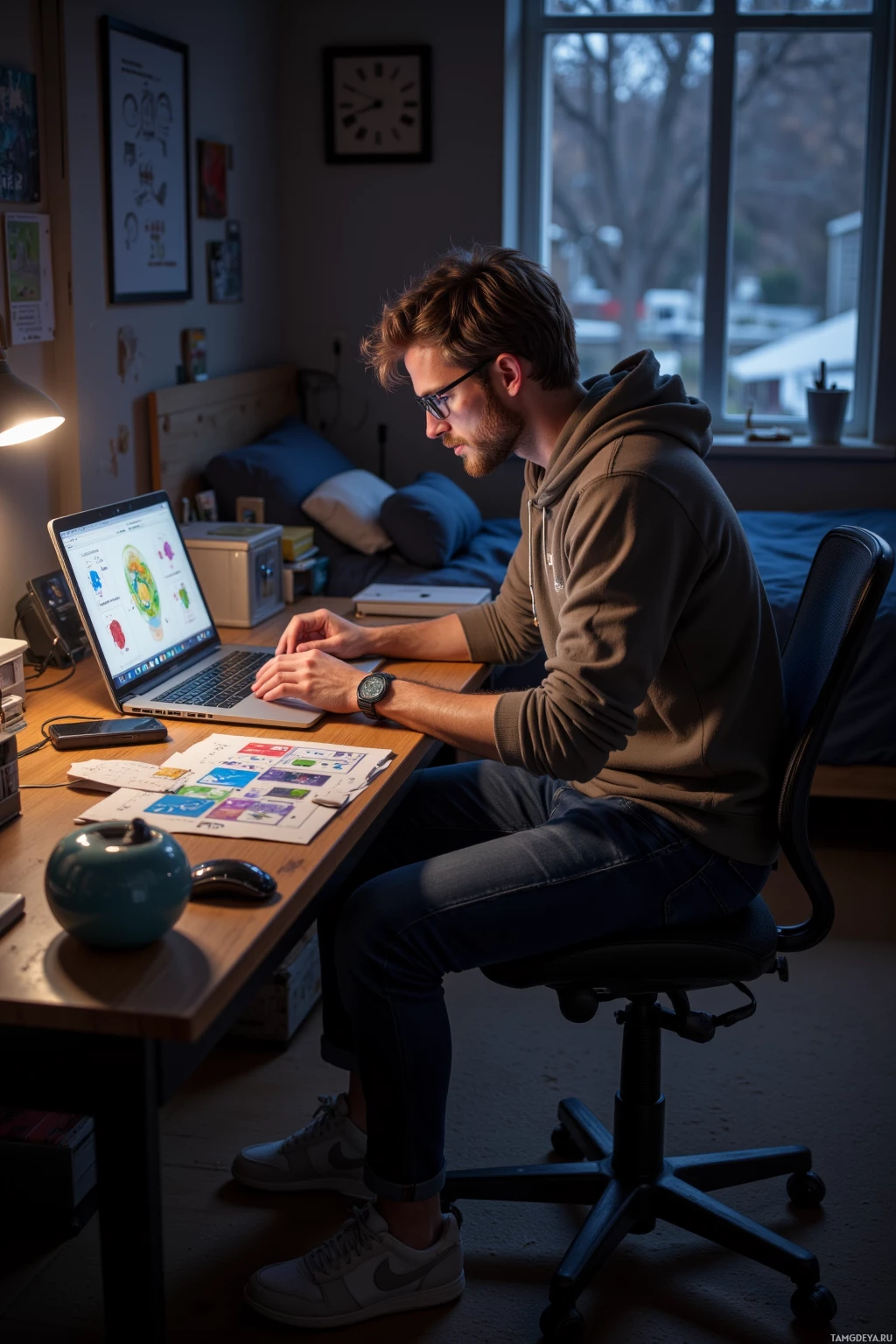 A person is sitting at a desk working on a laptop in a dimly lit room.