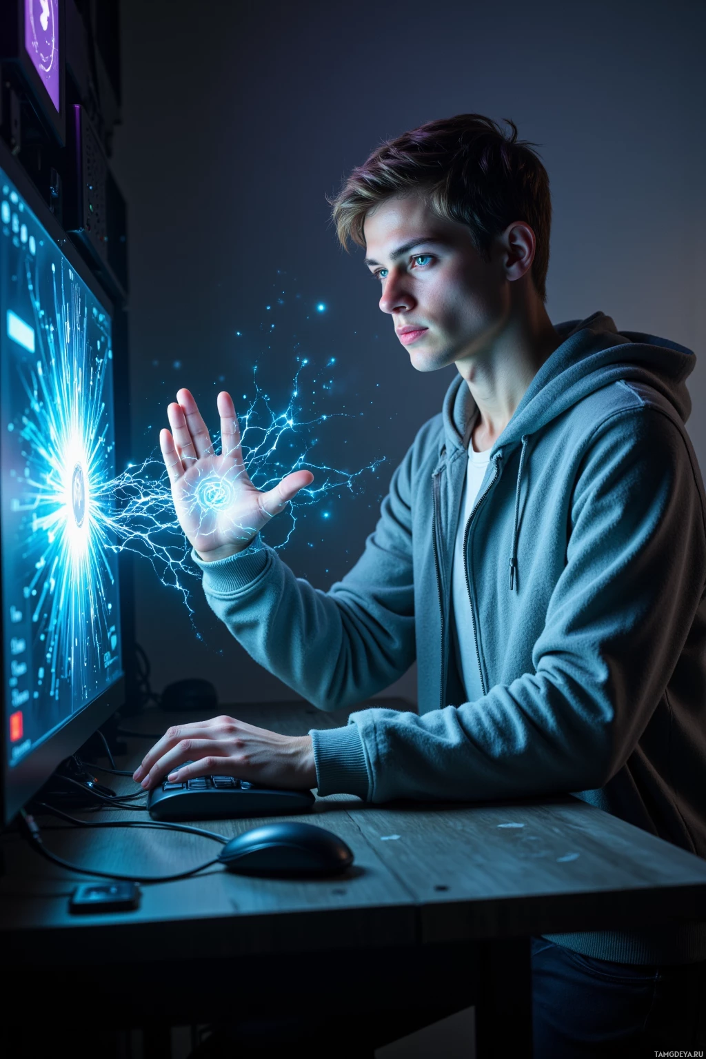 A person in a hoodie interacts with a glowing computer screen, their hand emitting blue energy.