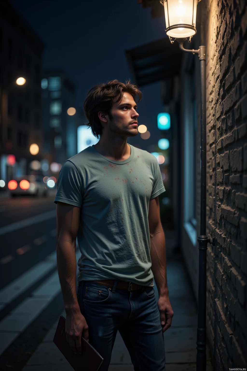 A man stands on a city street at night, holding a book, with a streetlamp illuminating the scene.