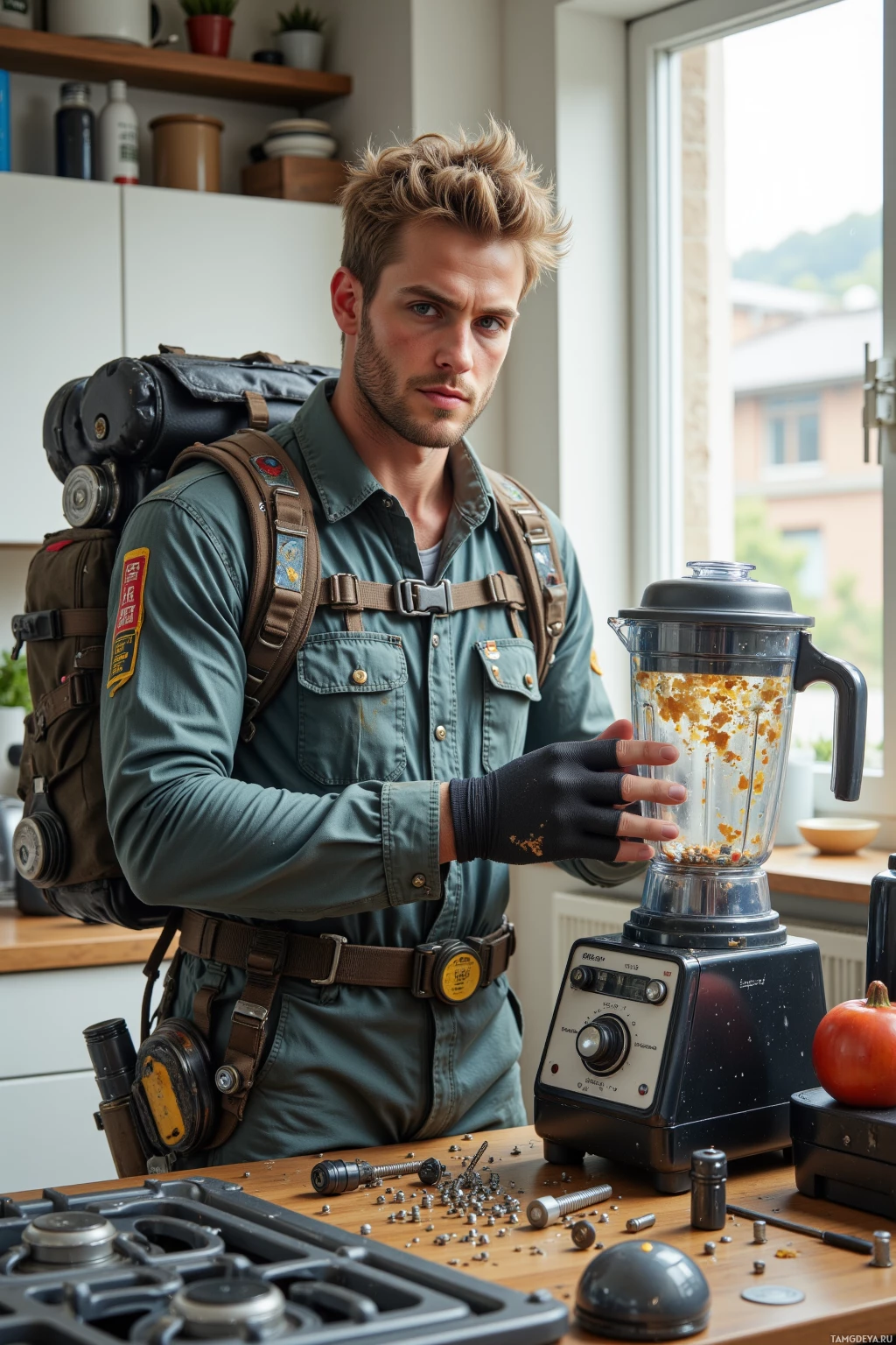 A person in a utility uniform stands in a kitchen, holding a blender with a messy contents.