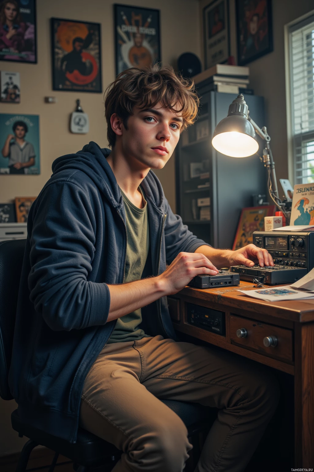 A young person sits at a desk with a lamp, surrounded by posters and a radio.