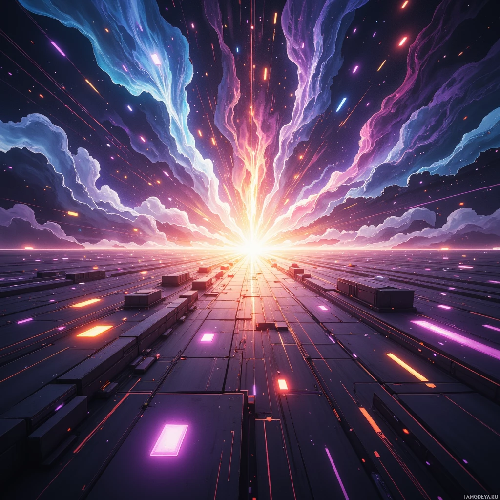 A futuristic landscape with glowing pathways and a radiant sky.