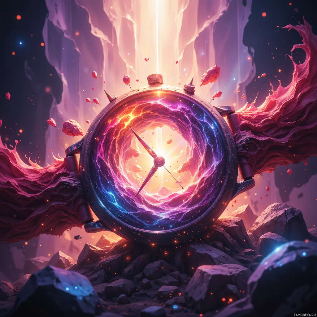 A fantastical clock with glowing energy and cosmic elements.