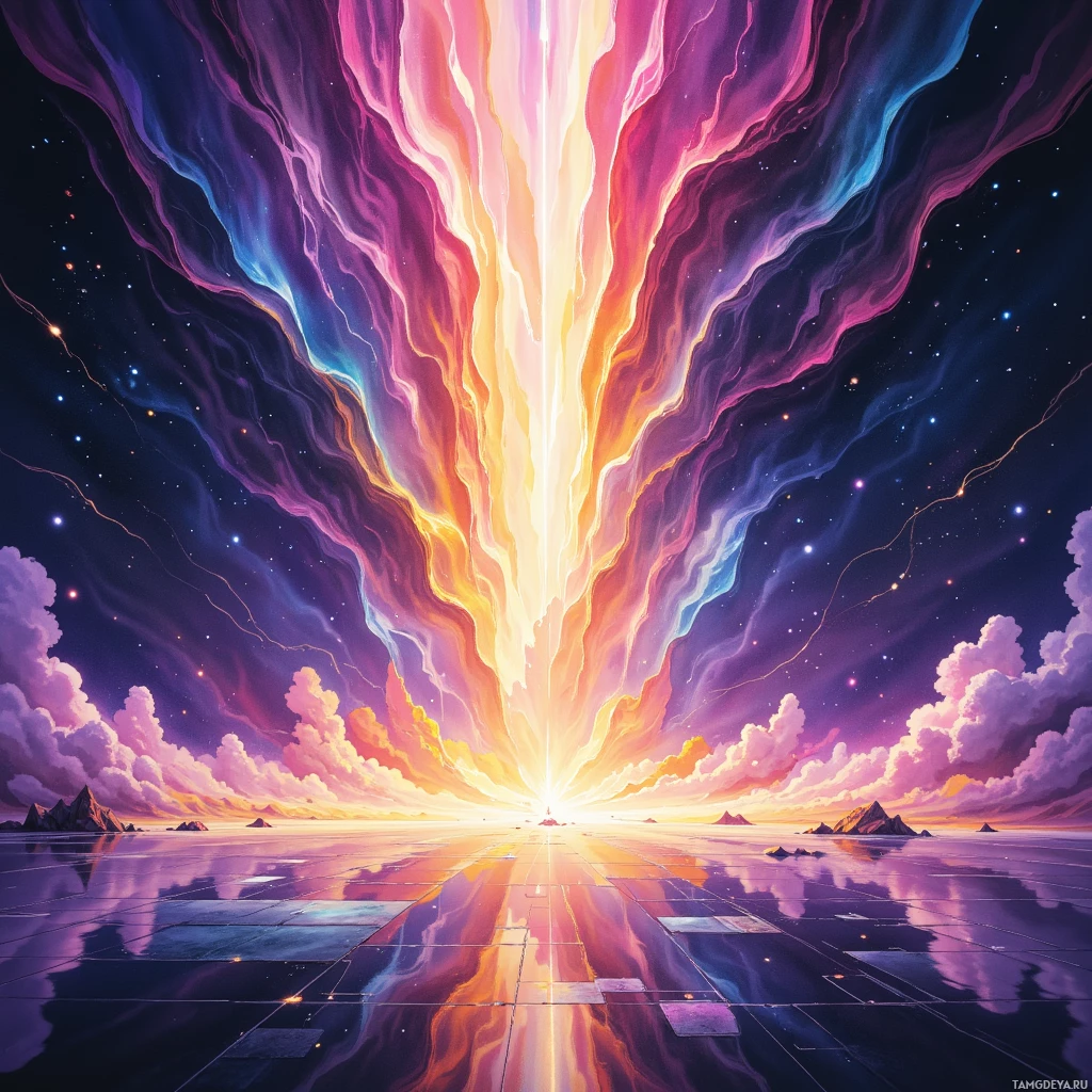 A vibrant, abstract scene featuring a radiant light source at the center, with flowing, colorful streaks and a starry sky above.