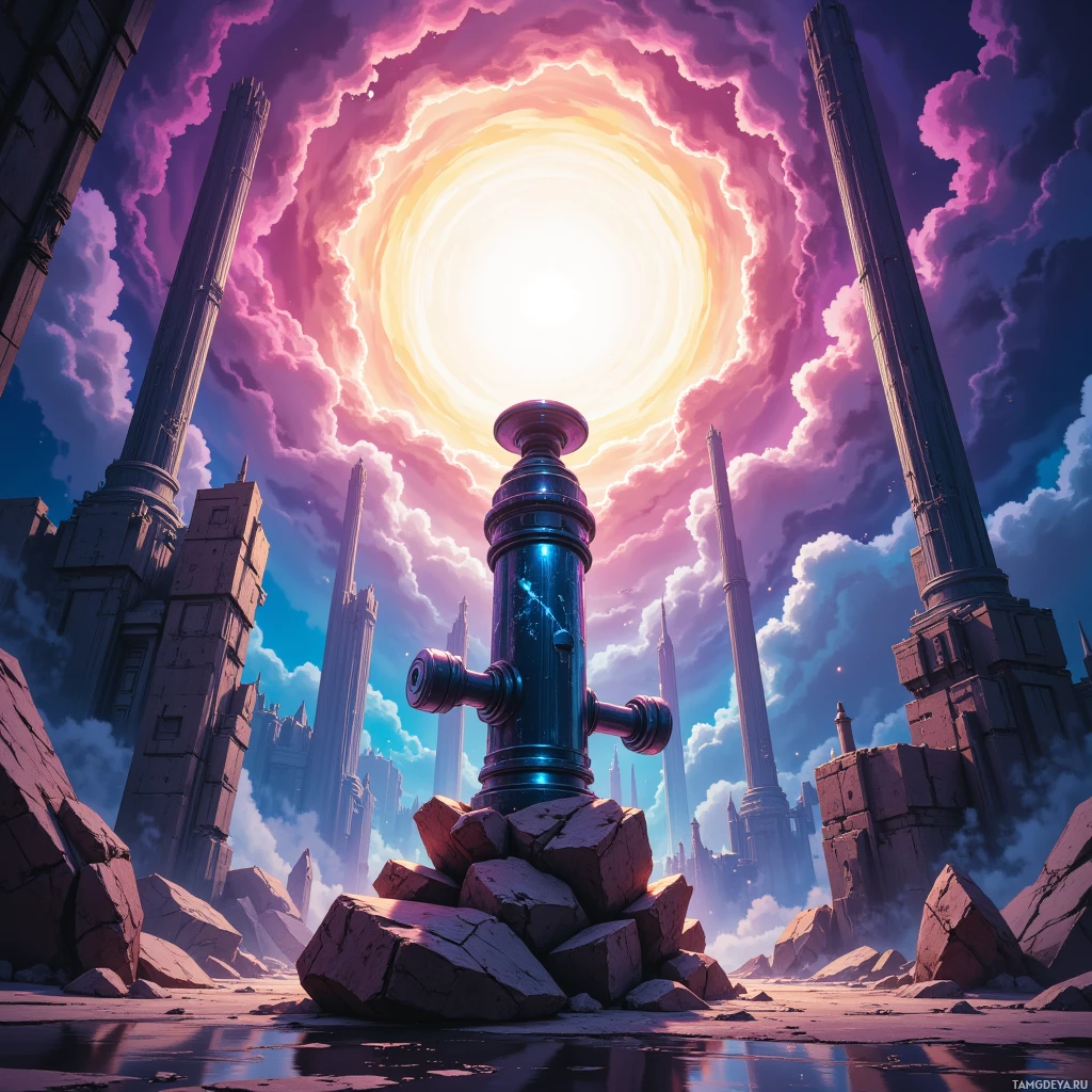 A futuristic landscape featuring tall, slender structures and a glowing sun in a vibrant sky.