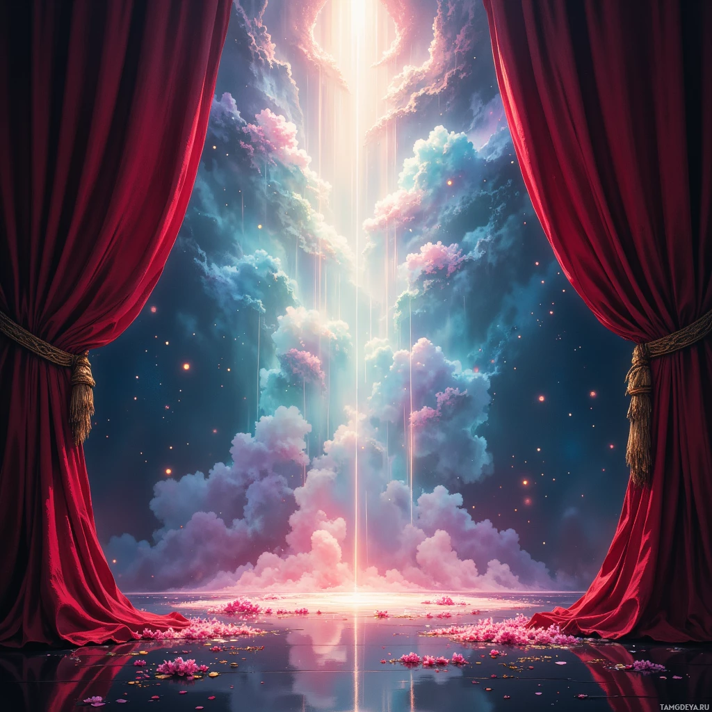 A vibrant scene with red curtains framing a sky filled with clouds and light beams.