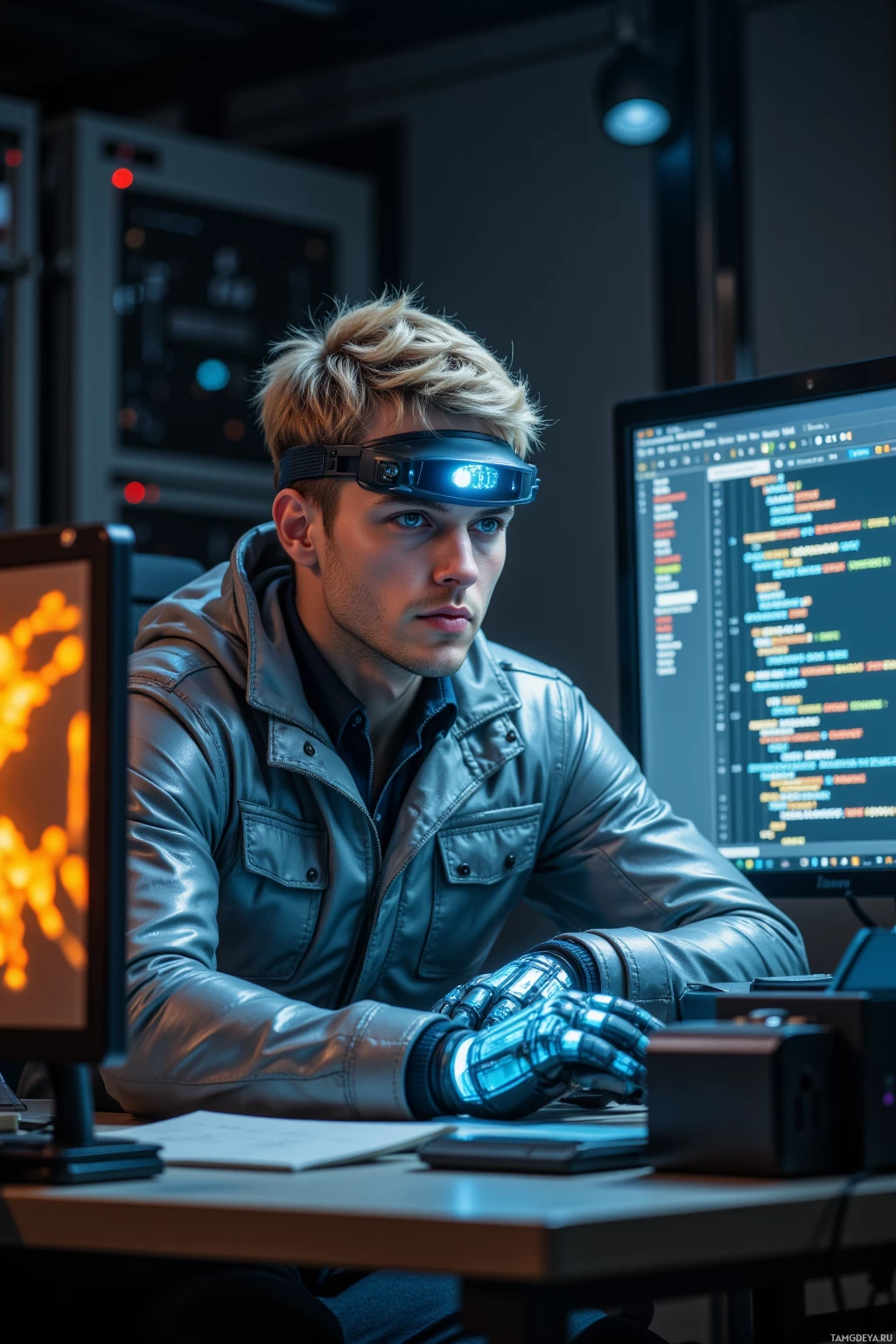 A person wearing a futuristic headset and gloves works at a computer in a dimly lit room.