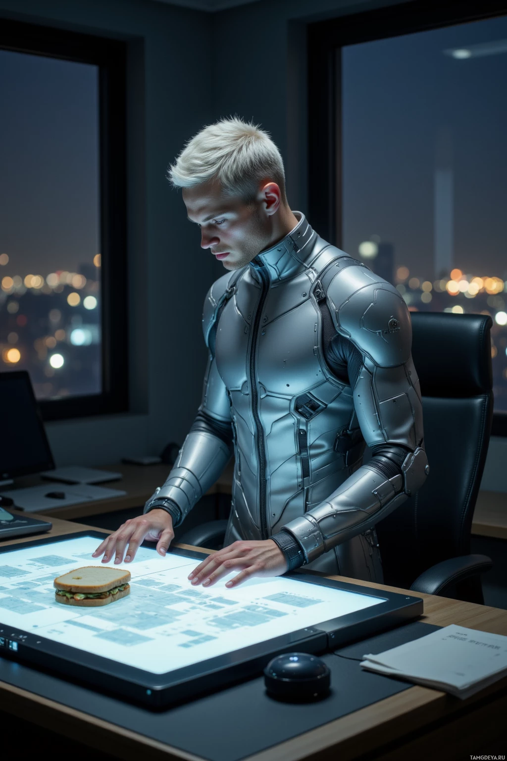 A person in a futuristic suit works at a desk with a glowing tablet and a sandwich on it.