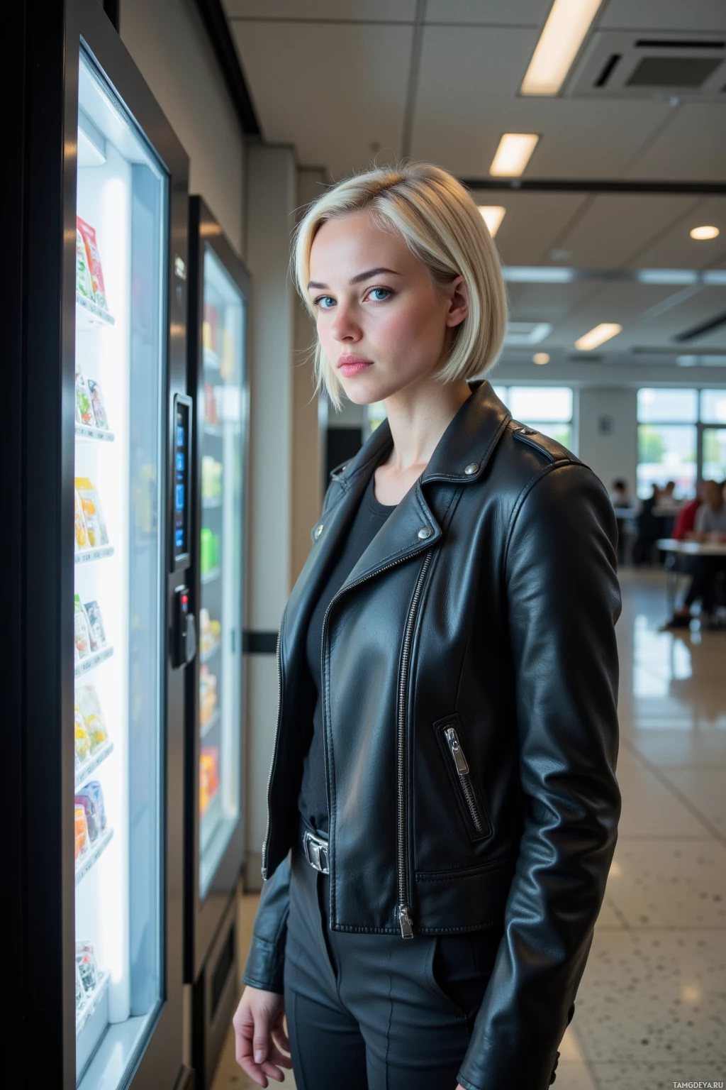 A person in a black leather jacket stands near a vending machine in a well-lit indoor setting.