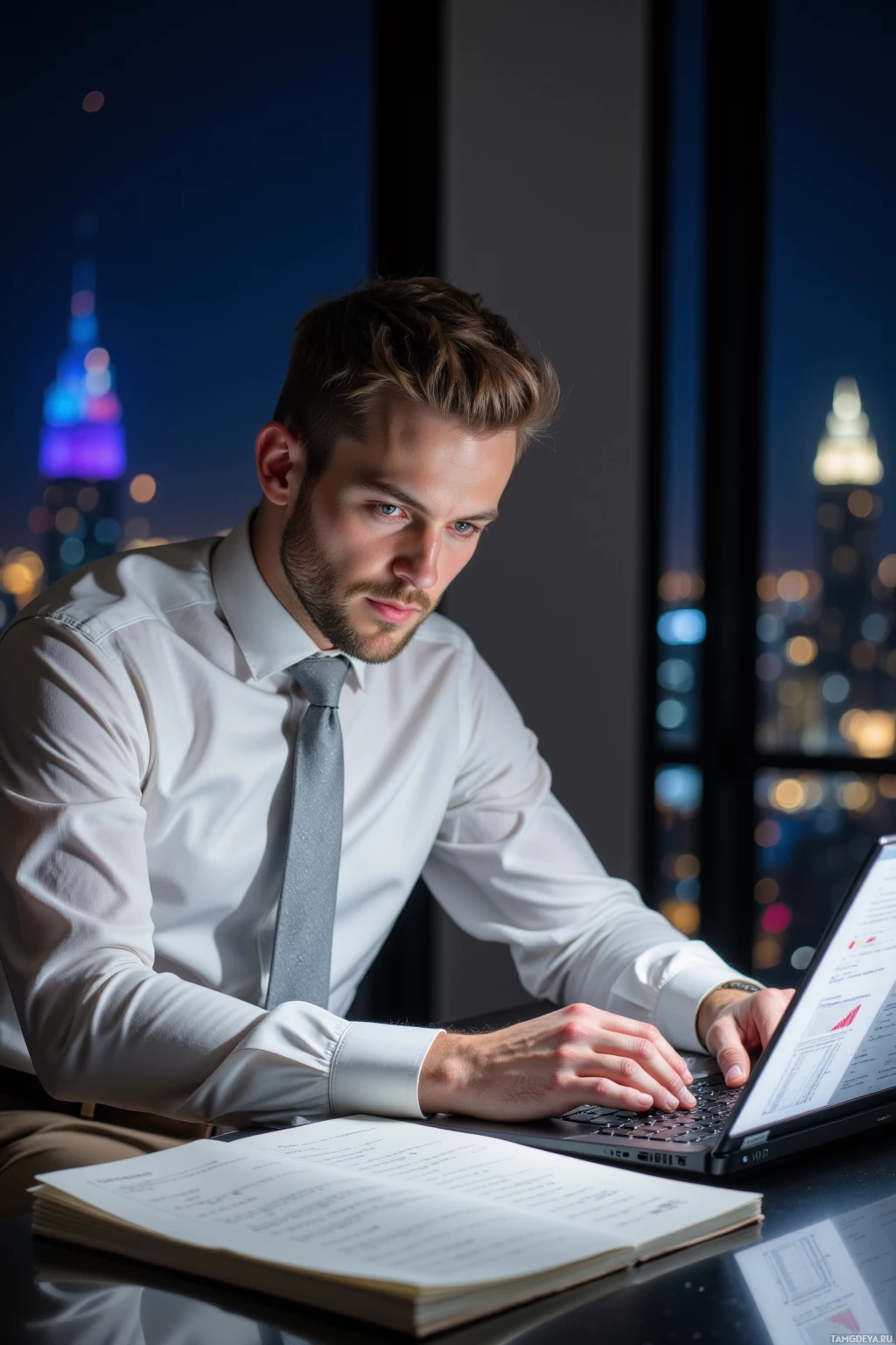 A man in a white shirt and tie works on a laptop in front of a cityscape at night.