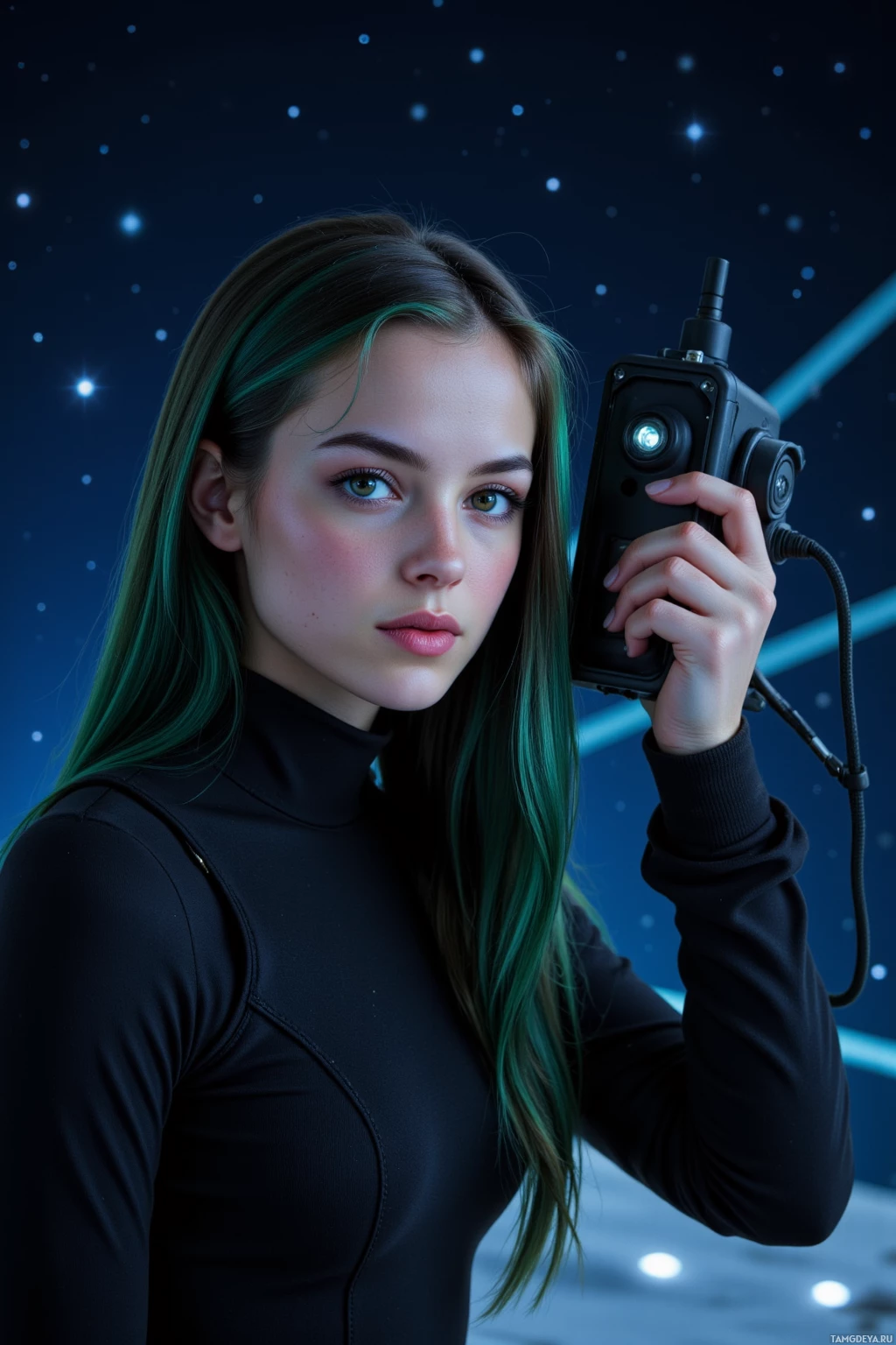 A person with green streaked hair holds a device against a starry background.