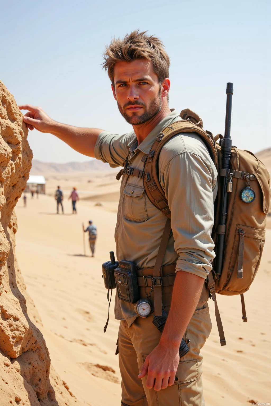A man in desert attire with a backpack and radio equipment stands in a sandy landscape.
