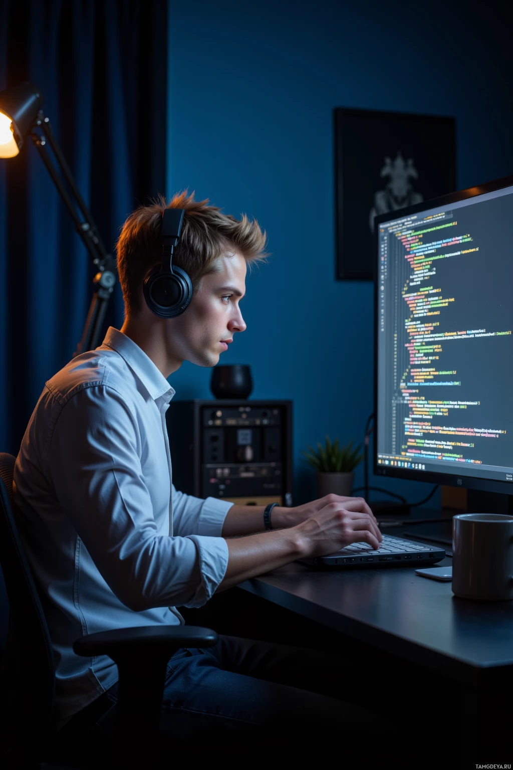 A person wearing headphones works on a computer with code displayed on the screen.