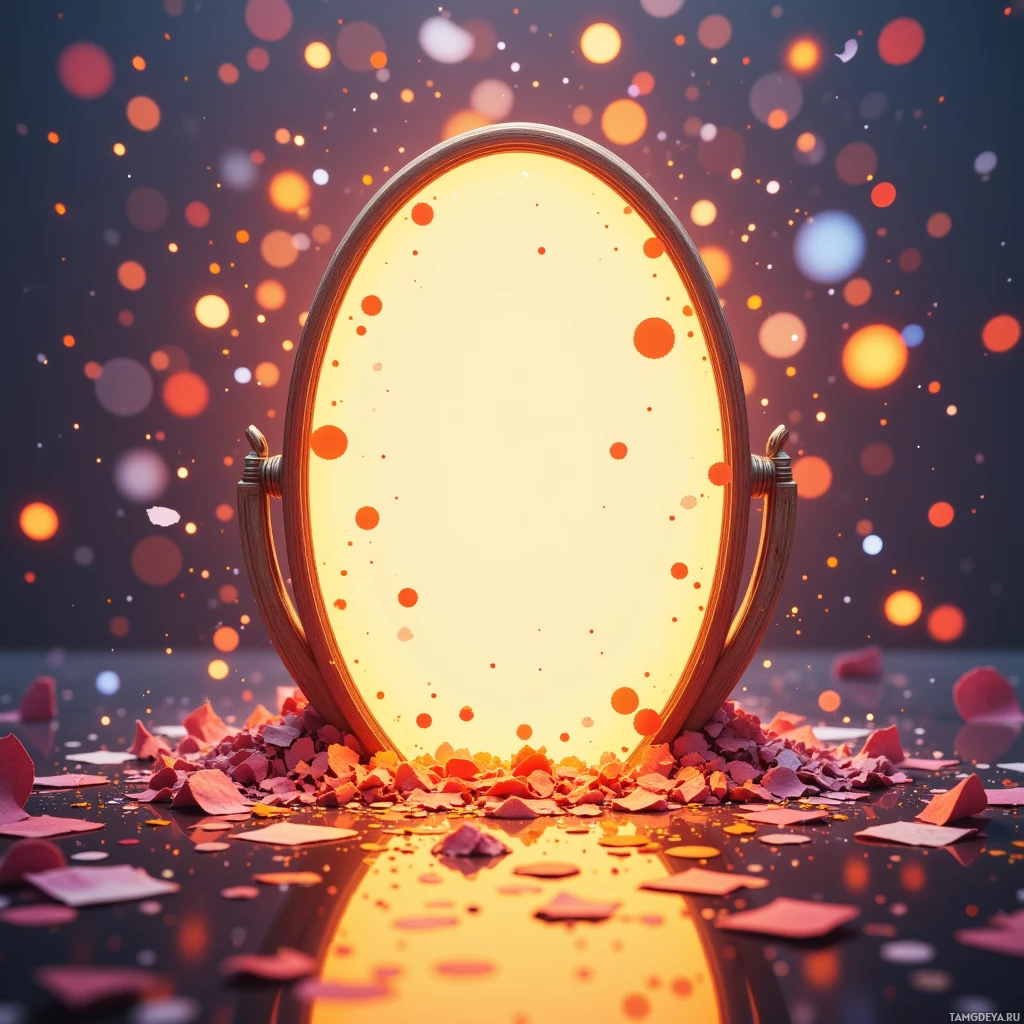 A glowing mirror surrounded by scattered petals and bokeh lights.