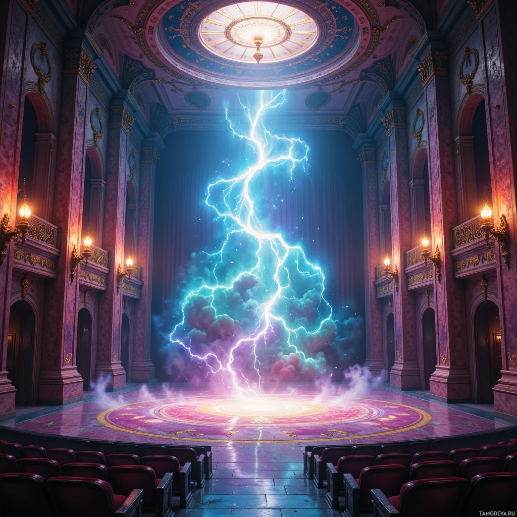 A grand theater with a vibrant lightning bolt striking through the ceiling.