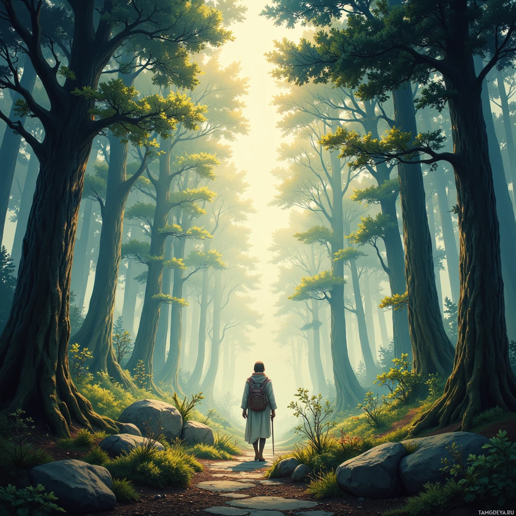 A lone figure walks along a path through a misty forest with tall trees and sunlight filtering through the canopy.