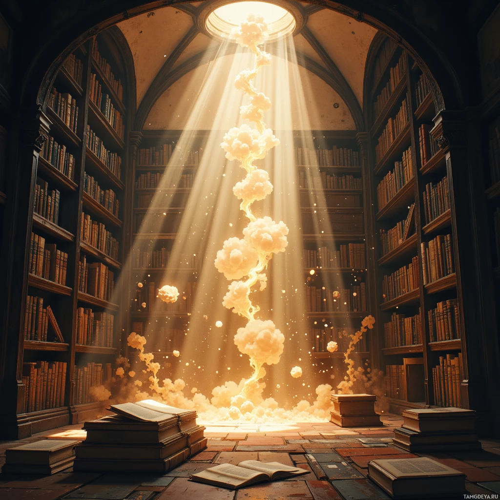 A library with sunlight streaming through a circular window, illuminating books and creating a glowing effect.
