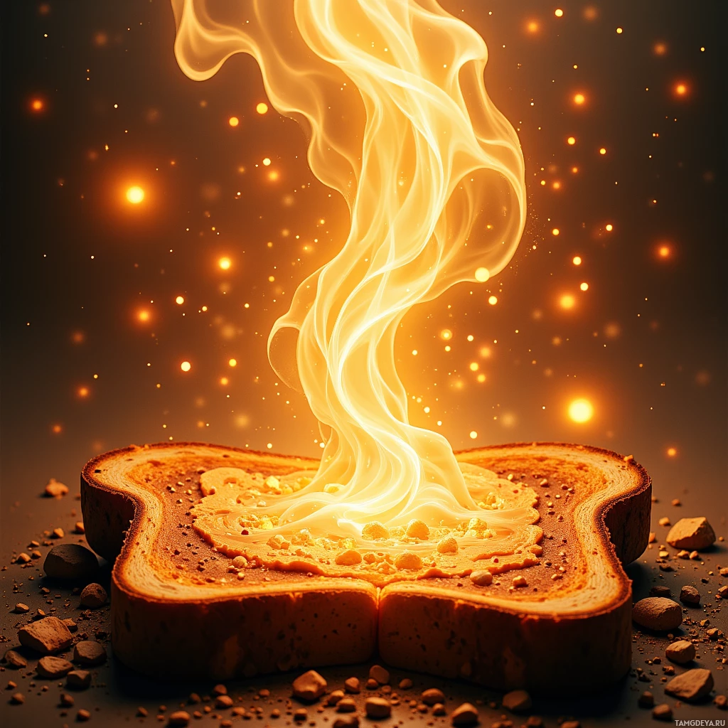 A slice of toast with a glowing, ethereal substance oozing from it, surrounded by small particles and a warm, glowing background.