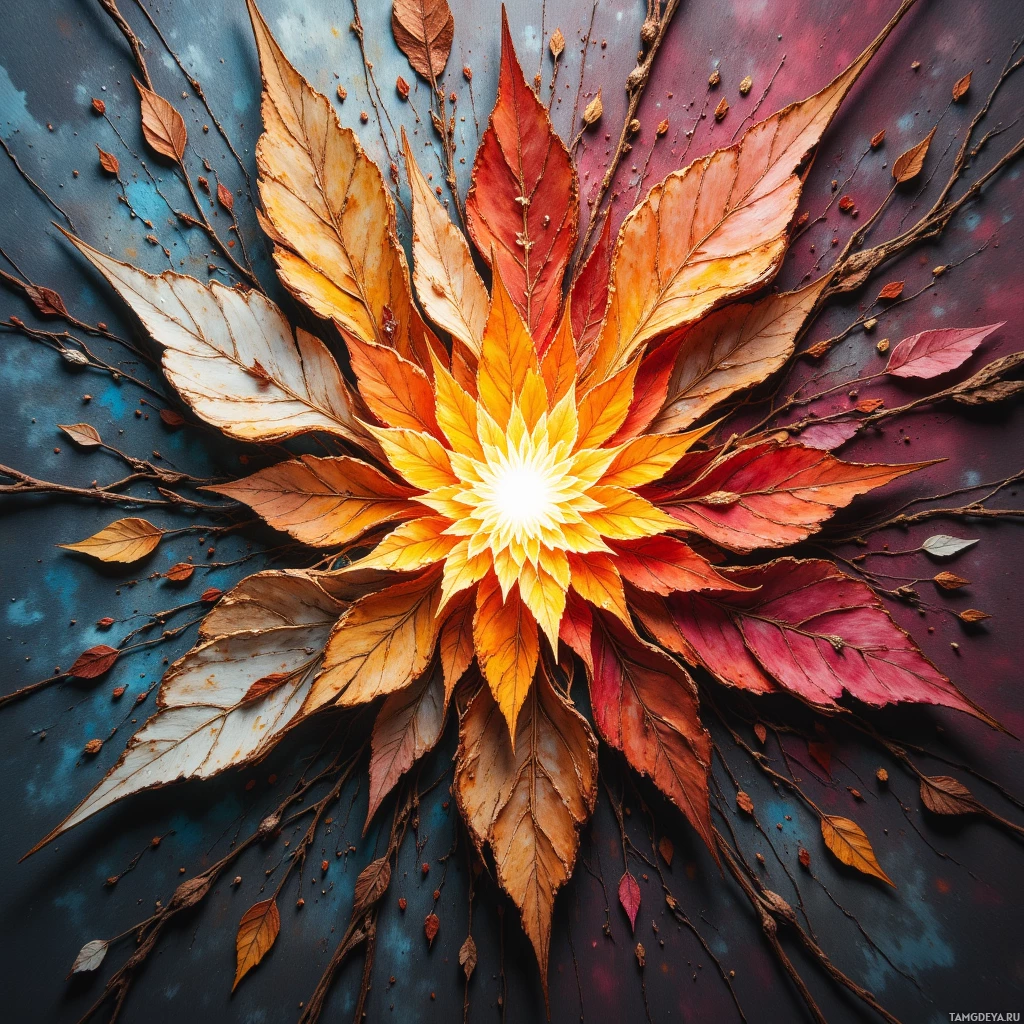 A vibrant arrangement of autumn leaves and twigs forming a starburst pattern.
