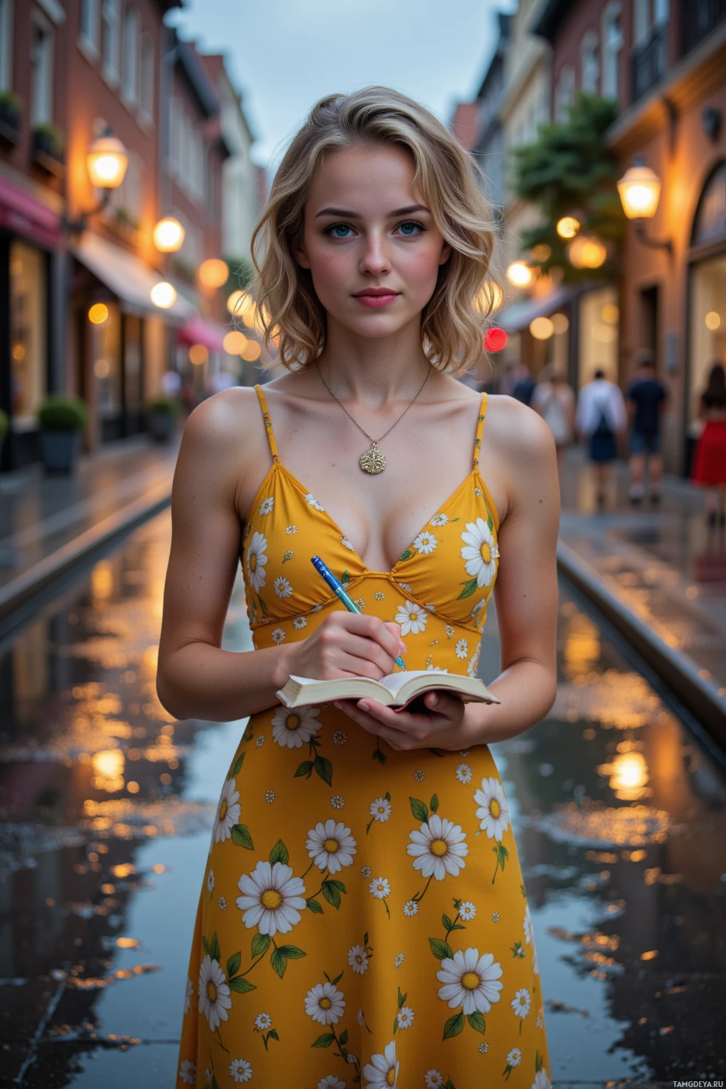 A woman in a floral dress writes in a notebook on a wet street at dusk.