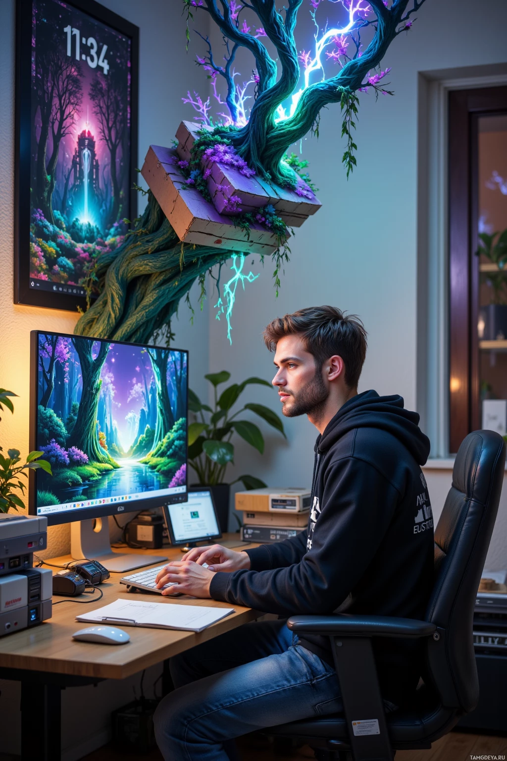 A person sits at a desk working on a computer with a vibrant, fantastical tree-themed wallpaper.