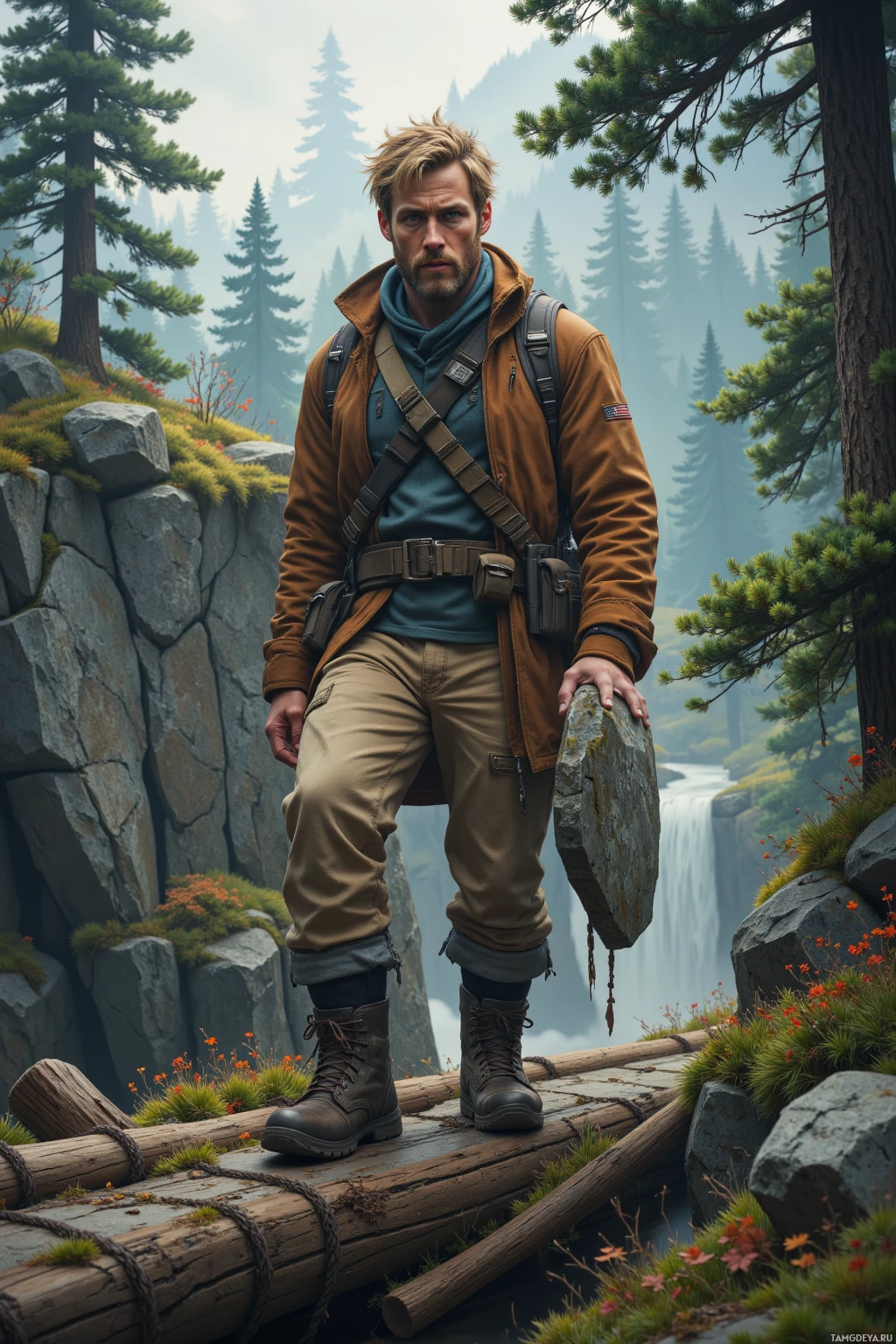 A man stands on a log bridge in a forested mountain landscape.