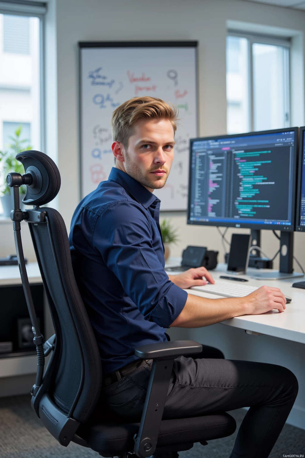 A person sits at a desk in an office, working on a computer with a code editor displayed on the screen.