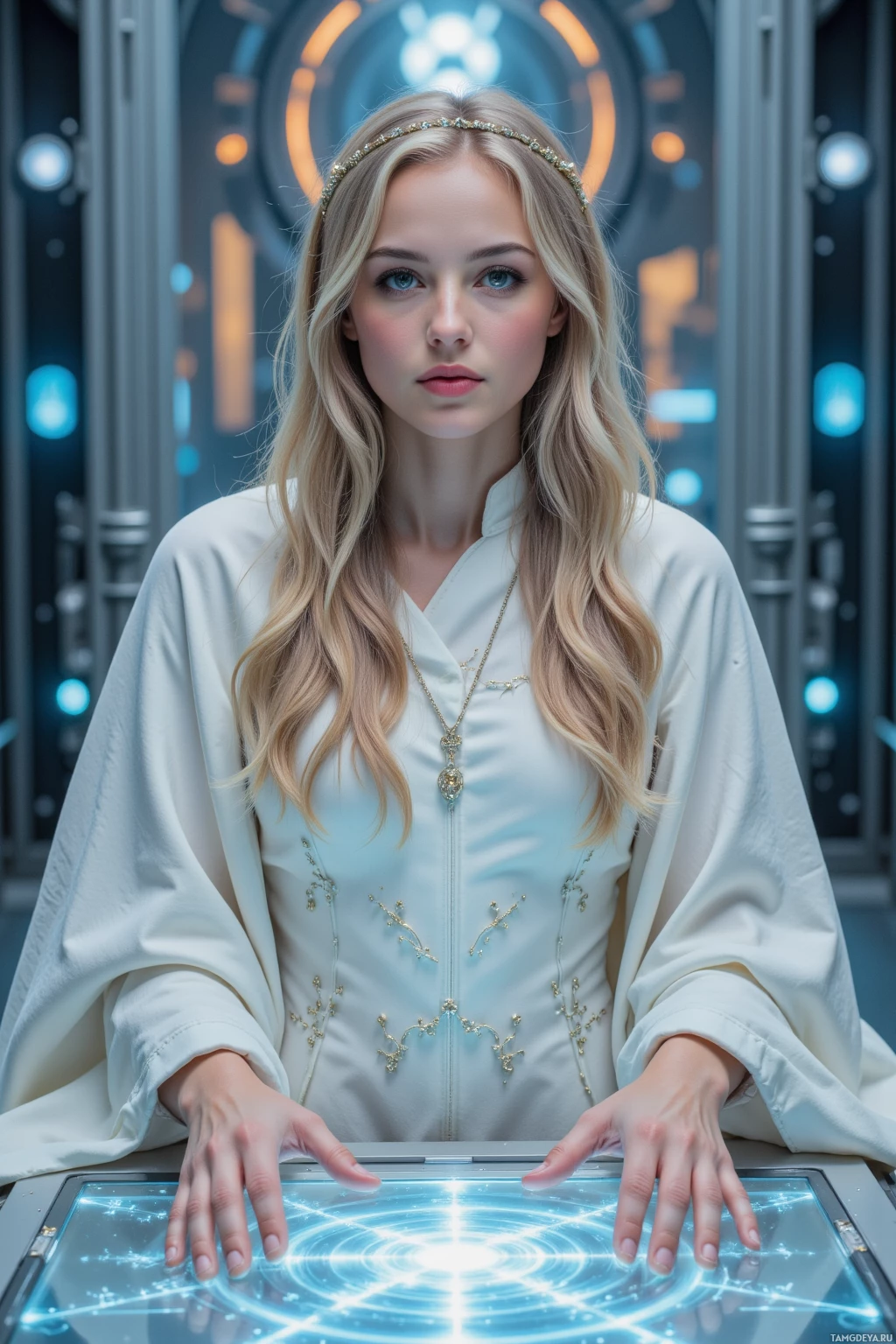 A woman in a white robe stands in a futuristic setting, hands resting on a glowing, circular interface.