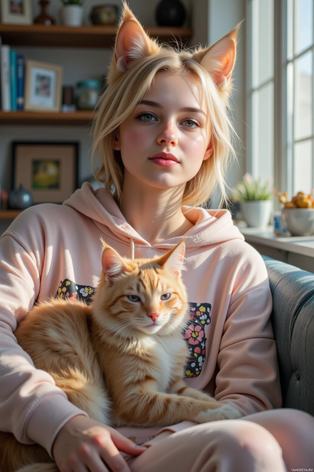 A person wearing a hoodie with cat ears and a cat on their lap.