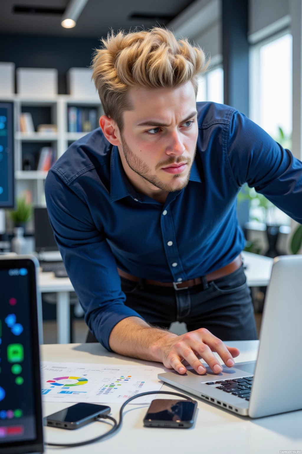 A man in a blue shirt leans forward, focused on a laptop screen in a modern office setting.
