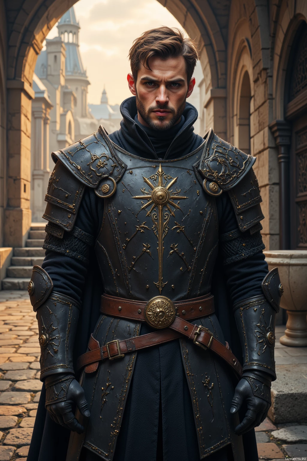 A man in ornate medieval armor stands in a stone courtyard.