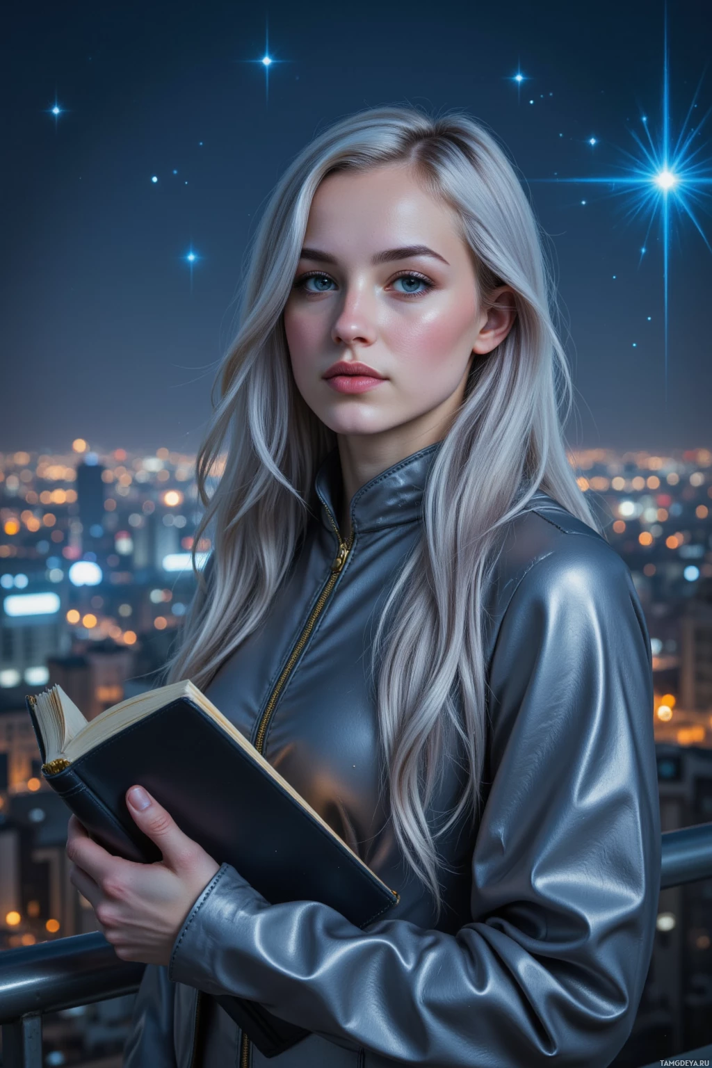 A person with long blonde hair holds an open book, standing against a cityscape at night.