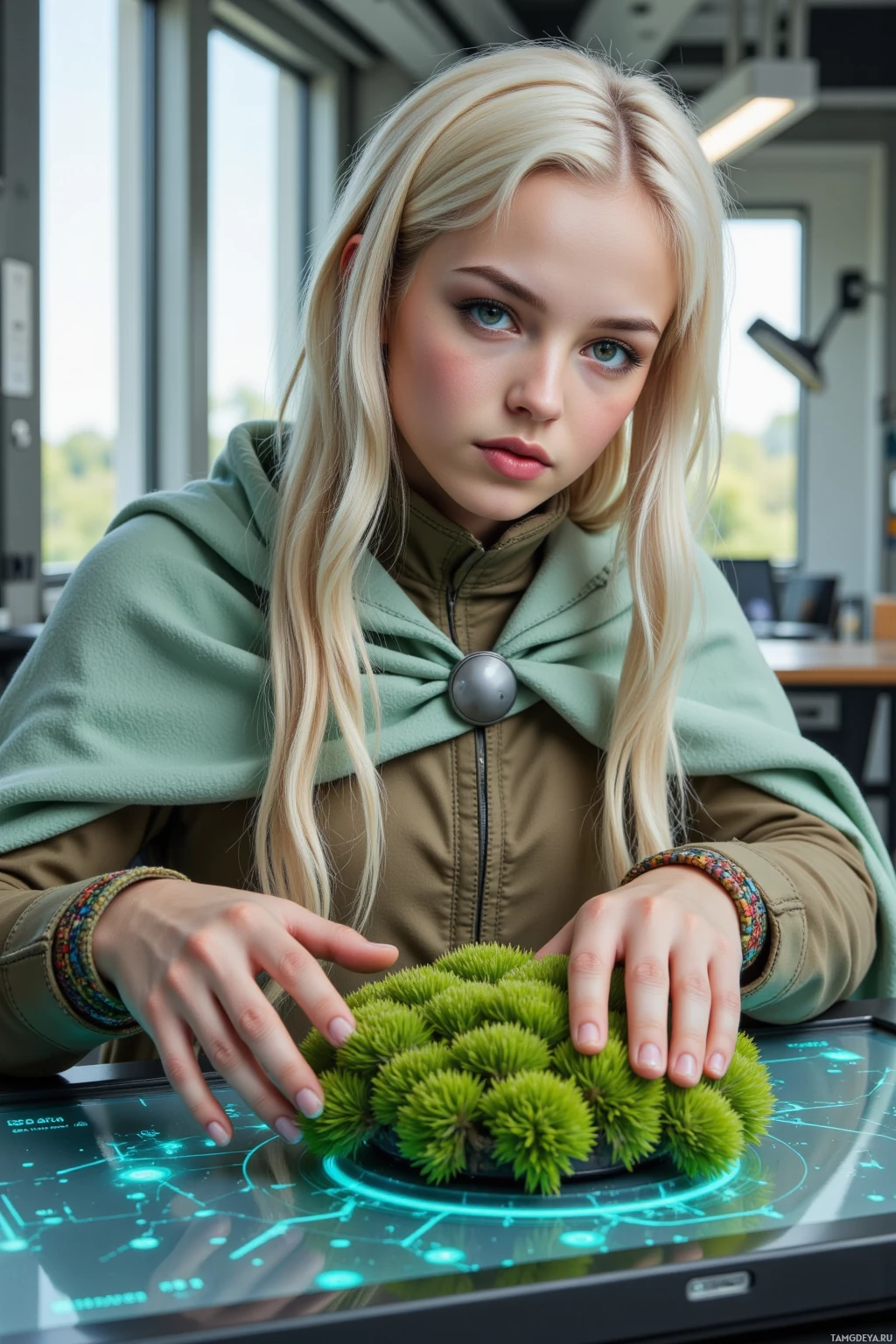 A person with long blonde hair wearing a green jacket is interacting with a futuristic, glowing device.