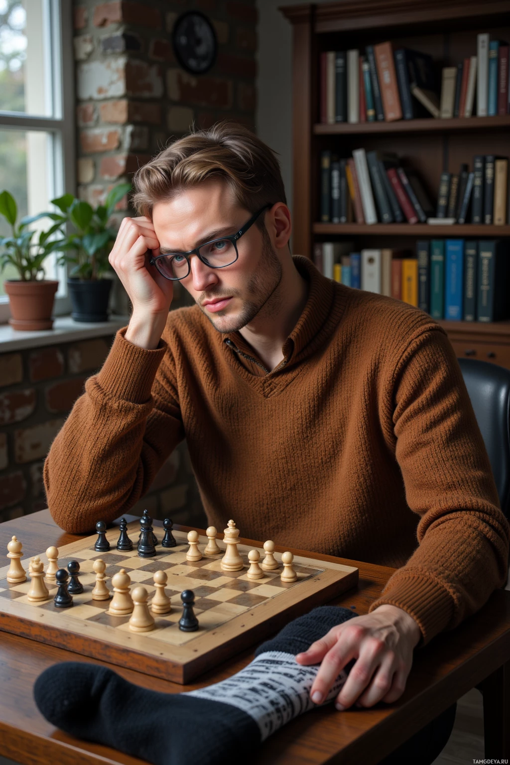 A man in a brown sweater sits at a table with a chessboard, deep in thought.