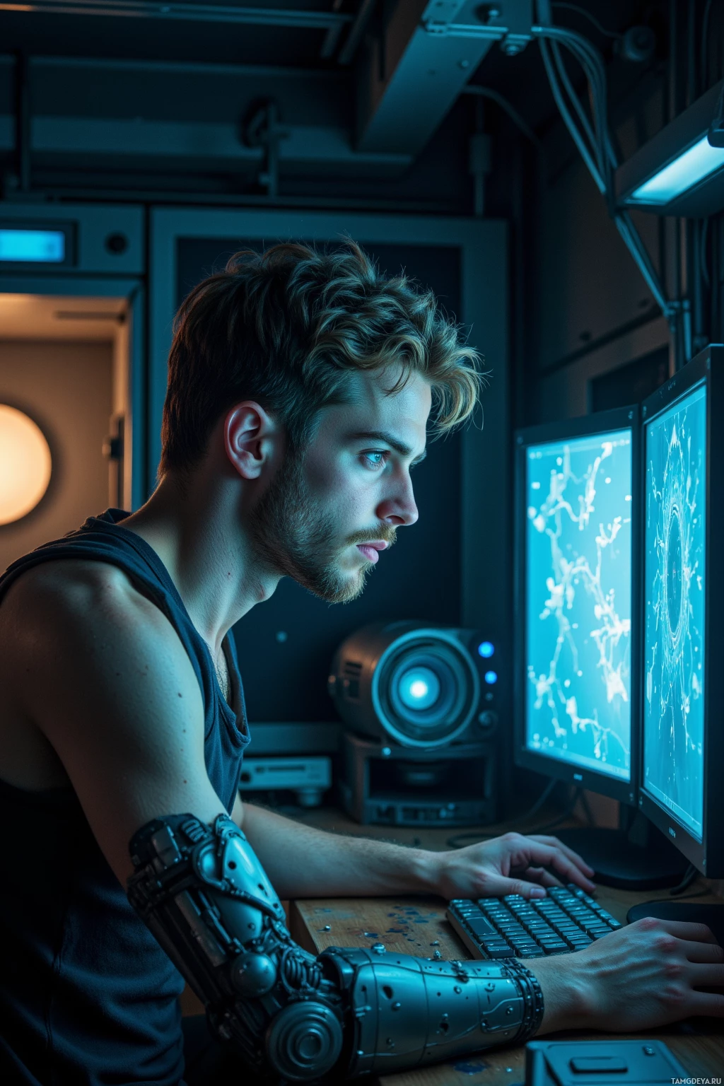 A person with a mechanical arm works on a computer in a dimly lit room.