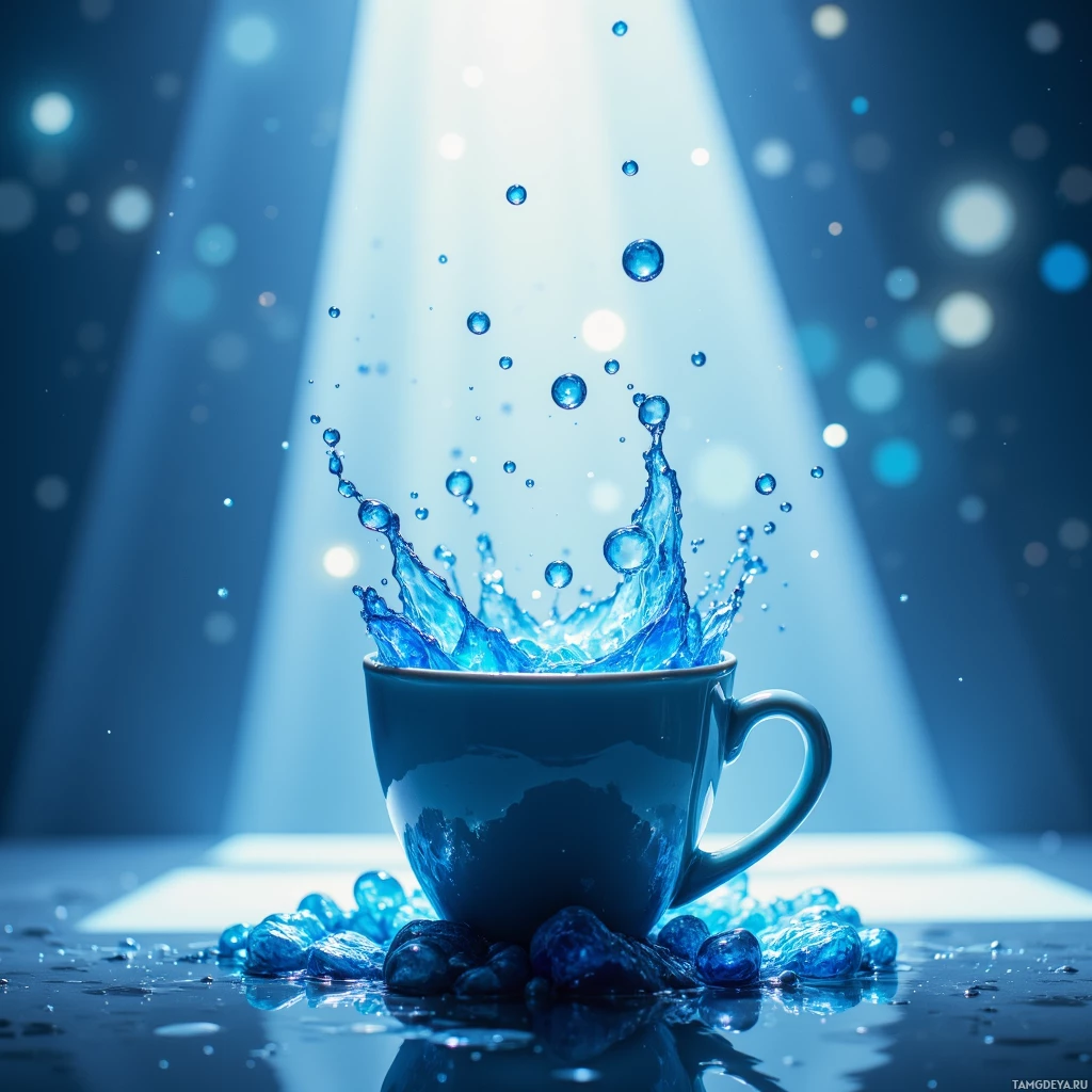 A blue cup with water splashing dramatically against a glowing, radiant background.