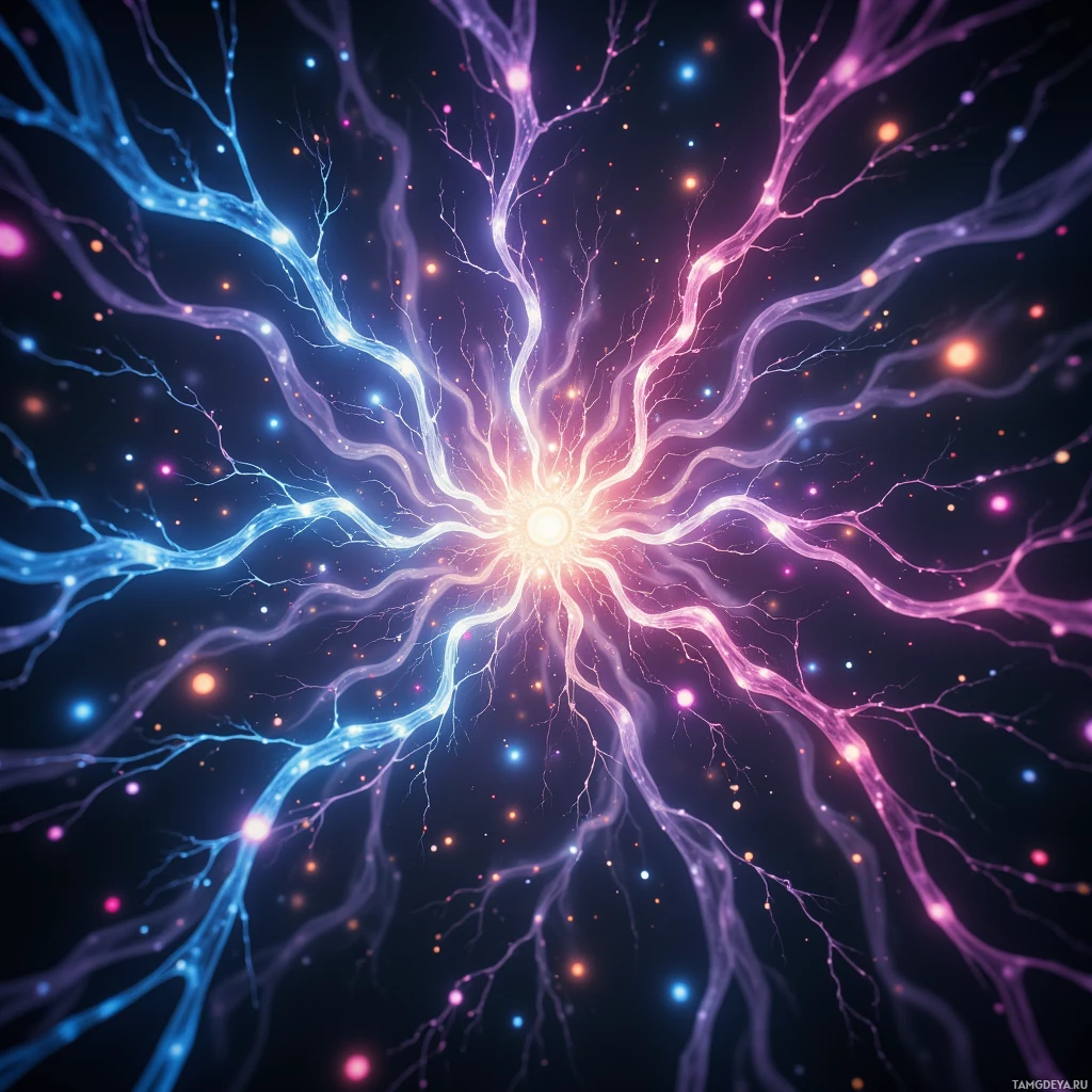 A glowing, abstract, branching structure with vibrant colors against a dark background.