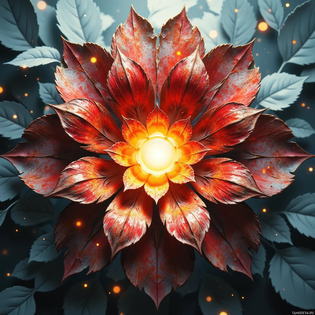 A vibrant red flower with a glowing center and dark leaves in the background.