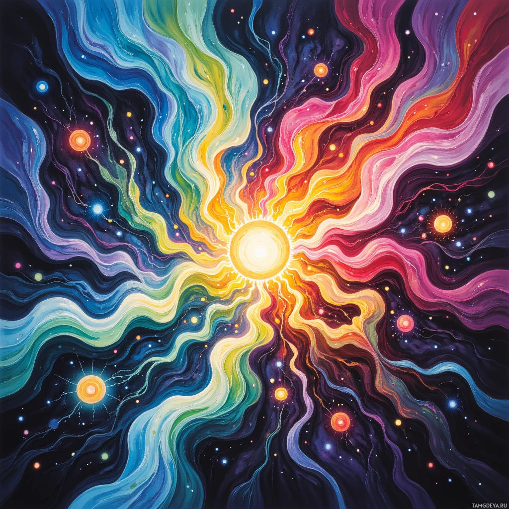 A vibrant cosmic scene with swirling colors and glowing stars.