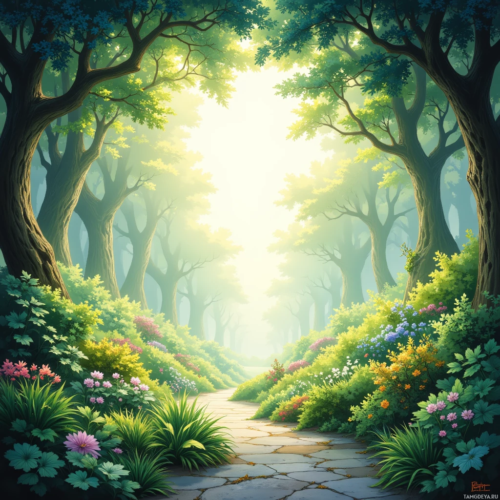 A serene forest path lined with vibrant flowers and lush greenery, bathed in soft sunlight.