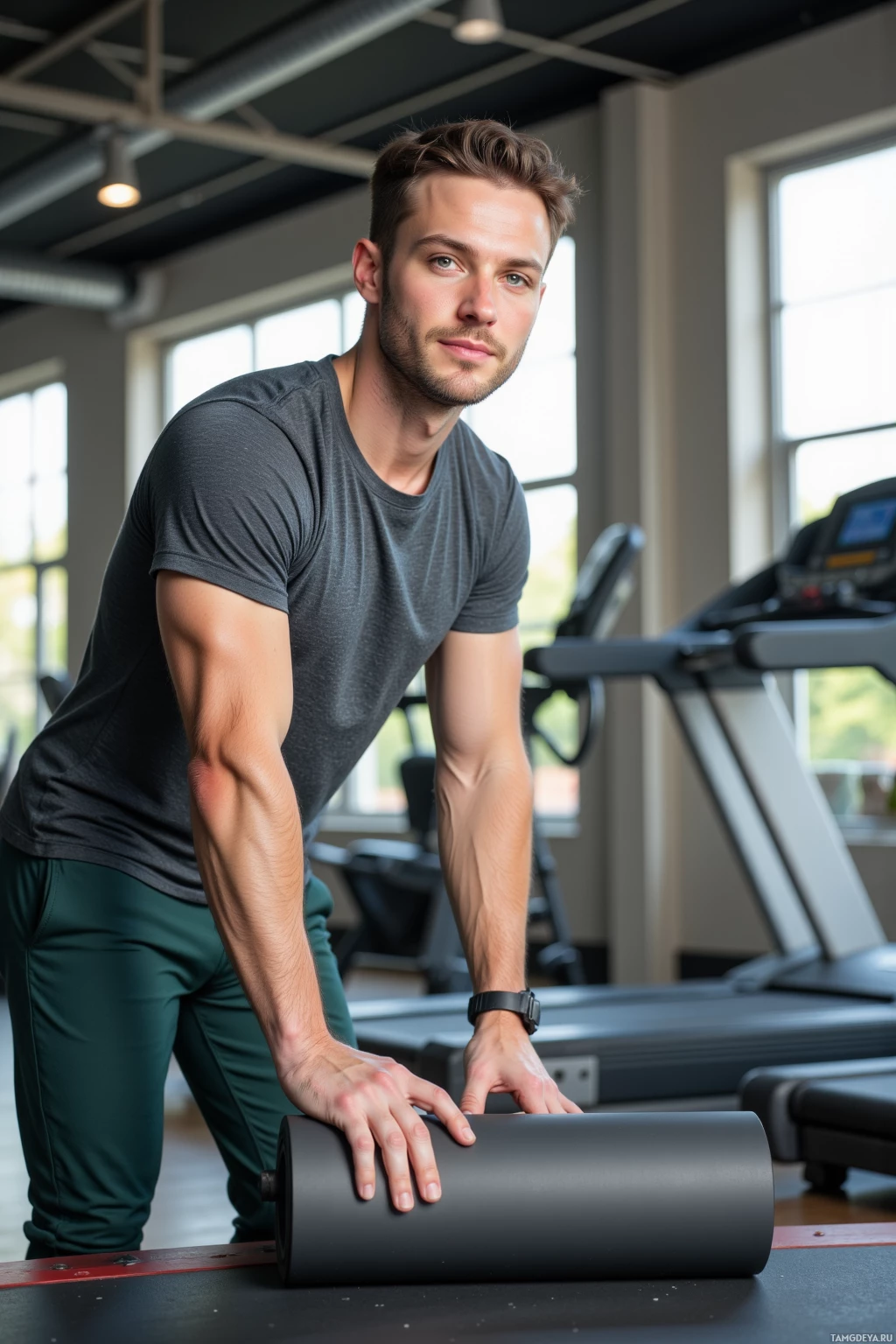 A man in a gym uses a foam roller for self-massage.