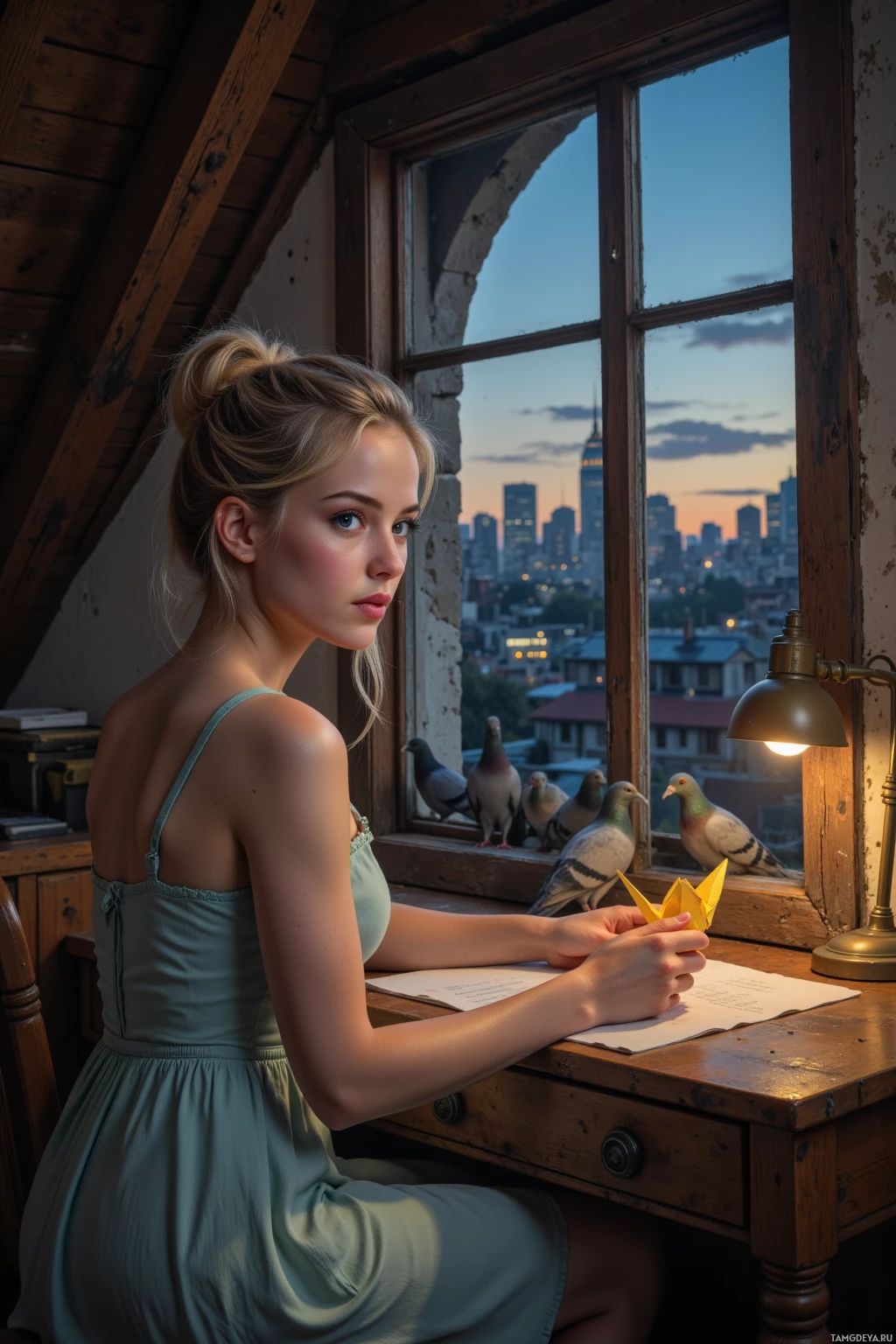 A young woman sits at a desk by a window, holding a paper crane, with pigeons perched on the sill and a cityscape visible outside.