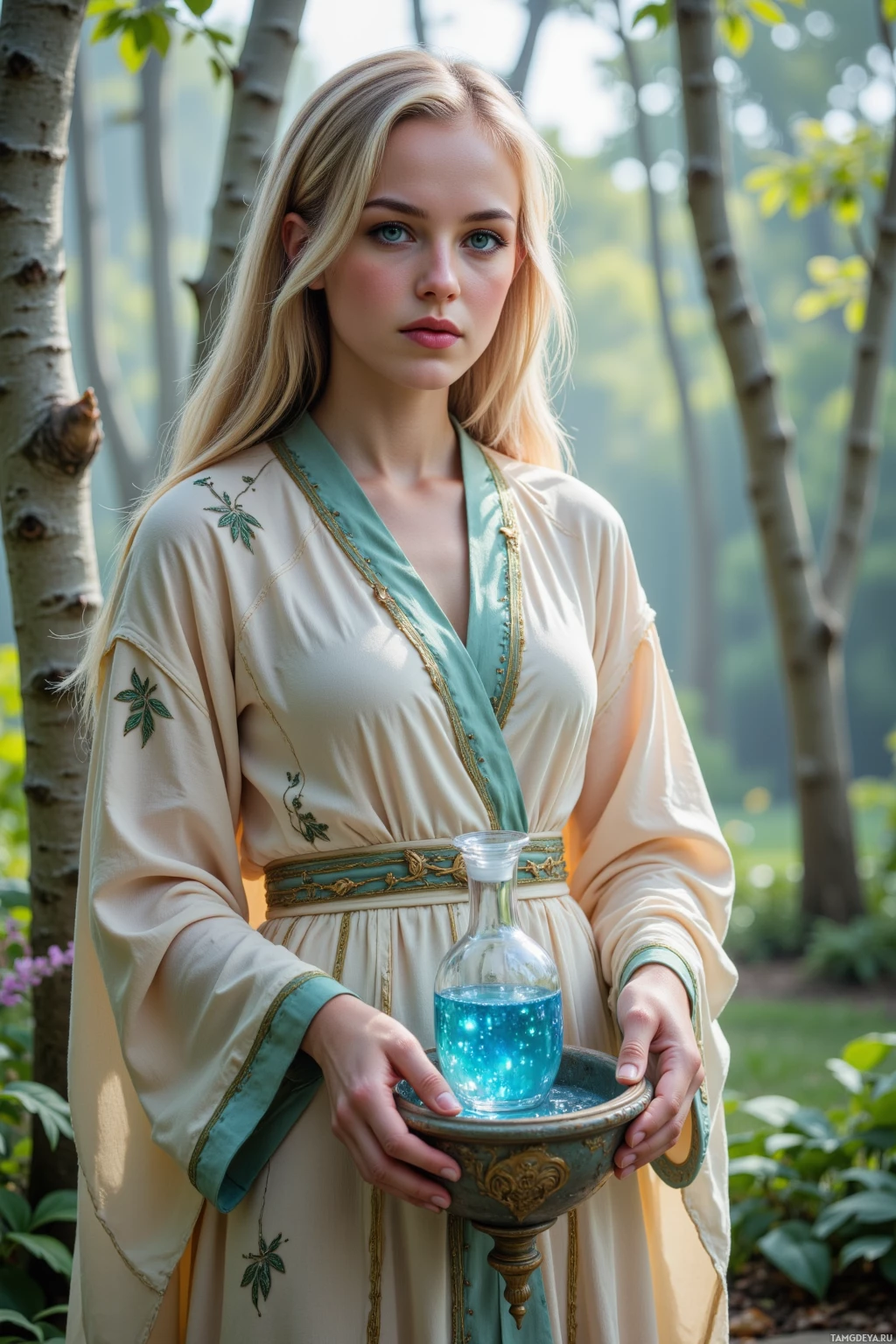 A woman in a flowing robe holds a bowl with a glowing blue liquid in a forest setting.
