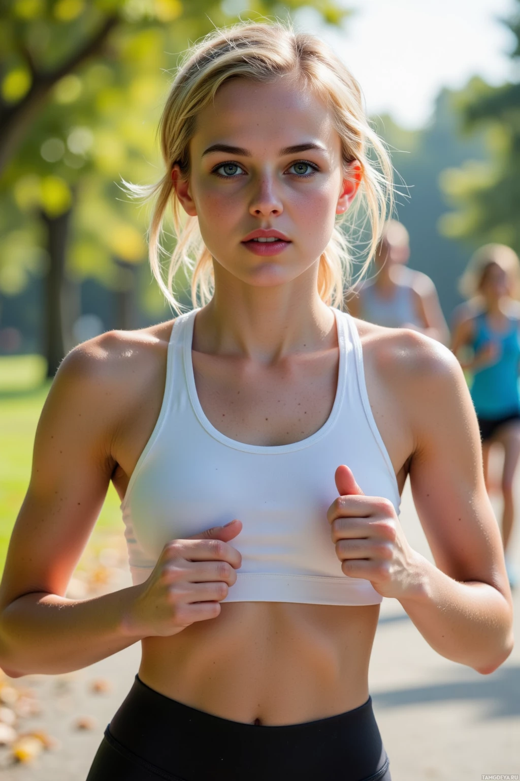A woman in a white sports bra and black leggings is running in a park.