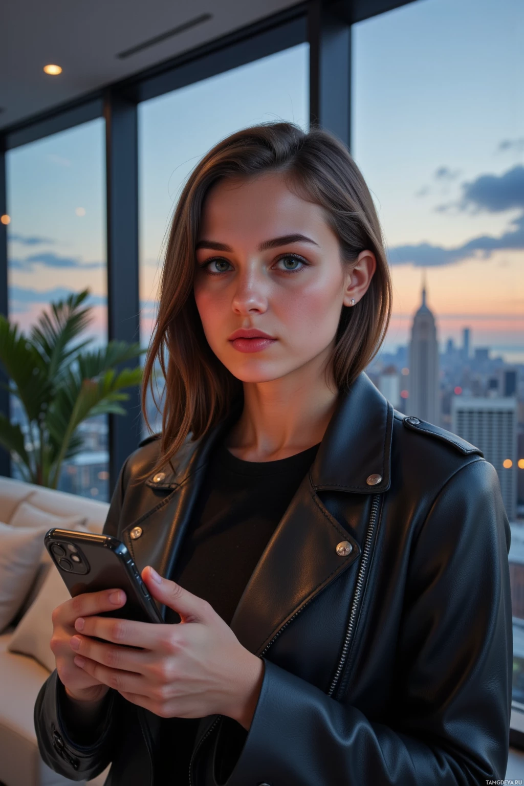 A woman in a black leather jacket holds a smartphone, with a cityscape visible through large windows behind her.