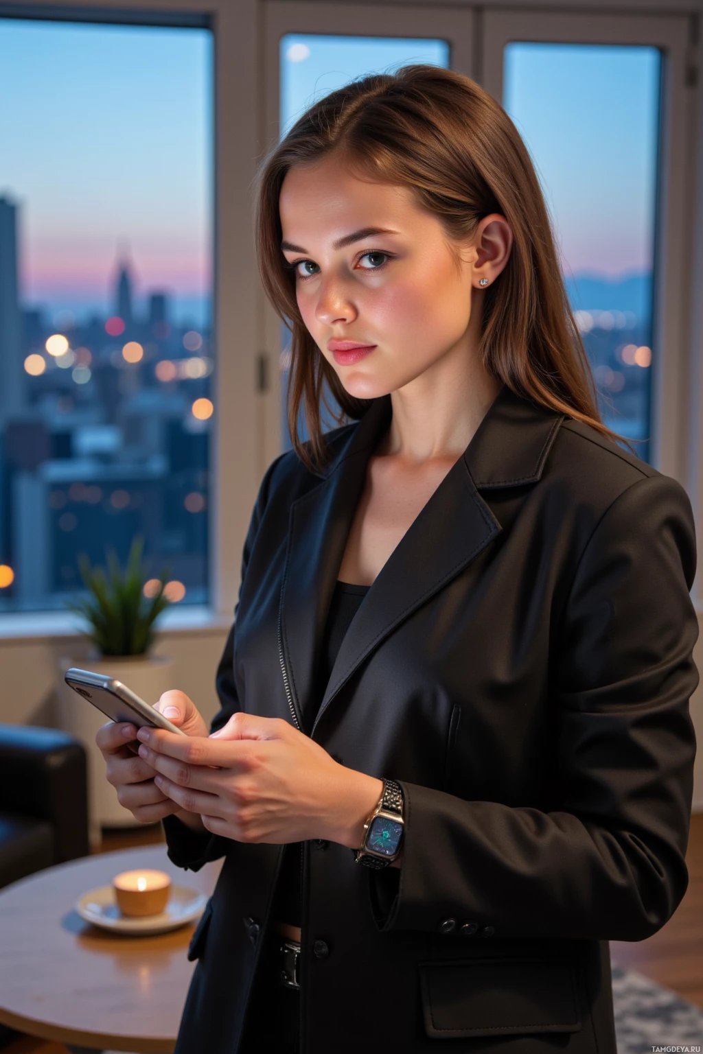 A woman in a black blazer stands indoors, holding a phone, with a cityscape visible through the window behind her.